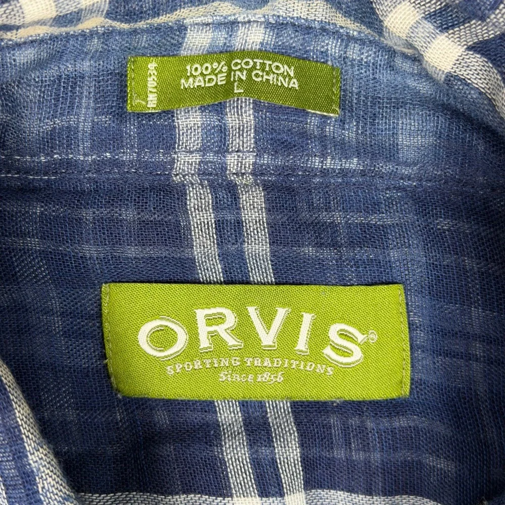 Orvis Mens Blue White Plaid Cotton Button Down Shirt Large 4K7P 0553